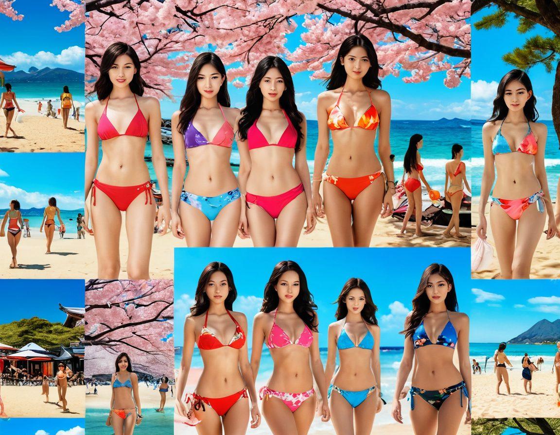 A collage depicting the evolution of bikini culture in Japan, showcasing colorful beach scenes blending into modern adult entertainment visuals. Include traditional Japanese motifs like cherry blossoms and lanterns alongside iconic bikinis and movie screens. Highlight the contrast between serene beach vibes and the vibrant energy of adult film aesthetics. super-realistic. vibrant colors. cinematic style.